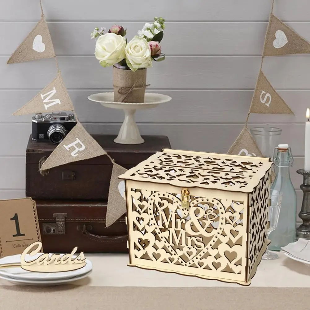 Креативная деревянная Свадебная подарочная денежная коробка, деревянные Свадебные украшения, визитная карточка с замком