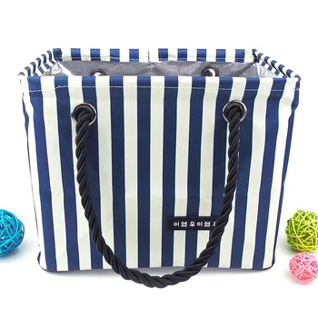

Simple striped waterproof Oxford cloth makeup bag bath basket outdoor travel bag bath basket belt leaky net bath bag