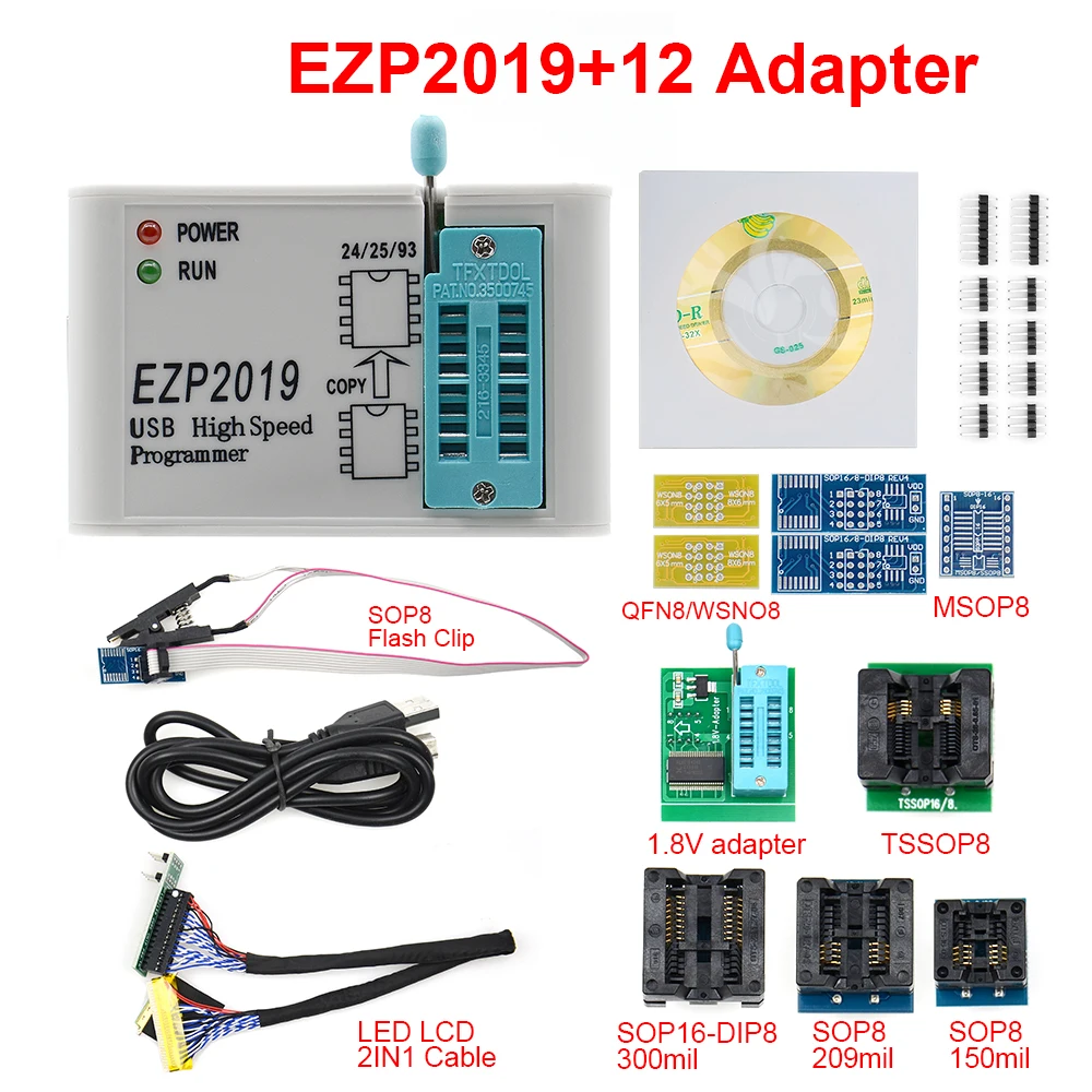 EZP высокоскоростной USB SPI программатор EZP2019 Поддержка 32M Flash 24 25 93 EEPROM 25 flash биос - Цвет: ezp2019 12 adapter