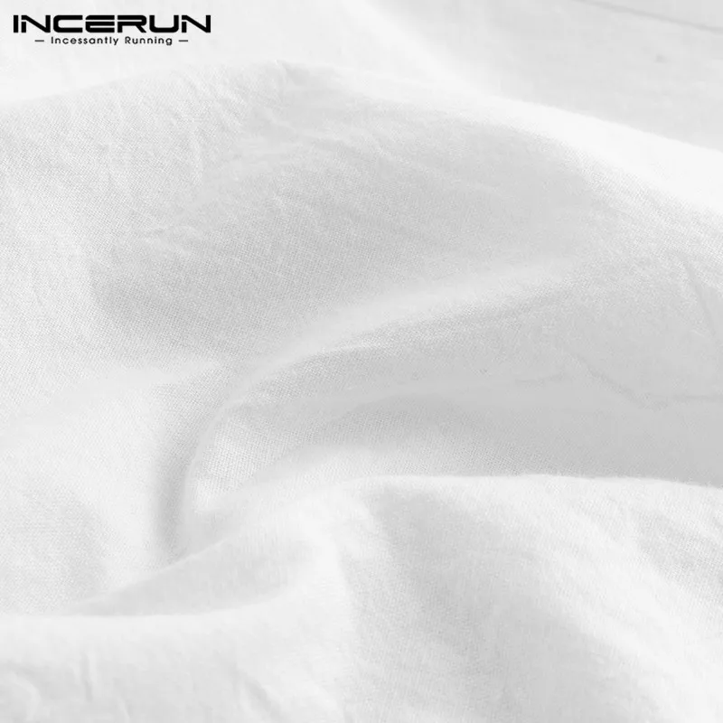 INCERUN, осенняя мужская рубашка из чистого хлопка с v-образным вырезом и длинным рукавом, Ретро стиль, модная, мешковатая, с пряжкой, повседневная мужская блузка, уличная одежда, костюм Тан