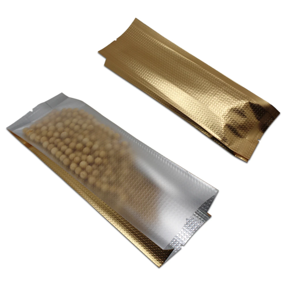 

450Pcs/ Lot Gold/Clear DHL Open Top Side Gusset Bag Aluminum Foil Matte Lines Package Organ Bags Heat Seal Food Bellows Pocket