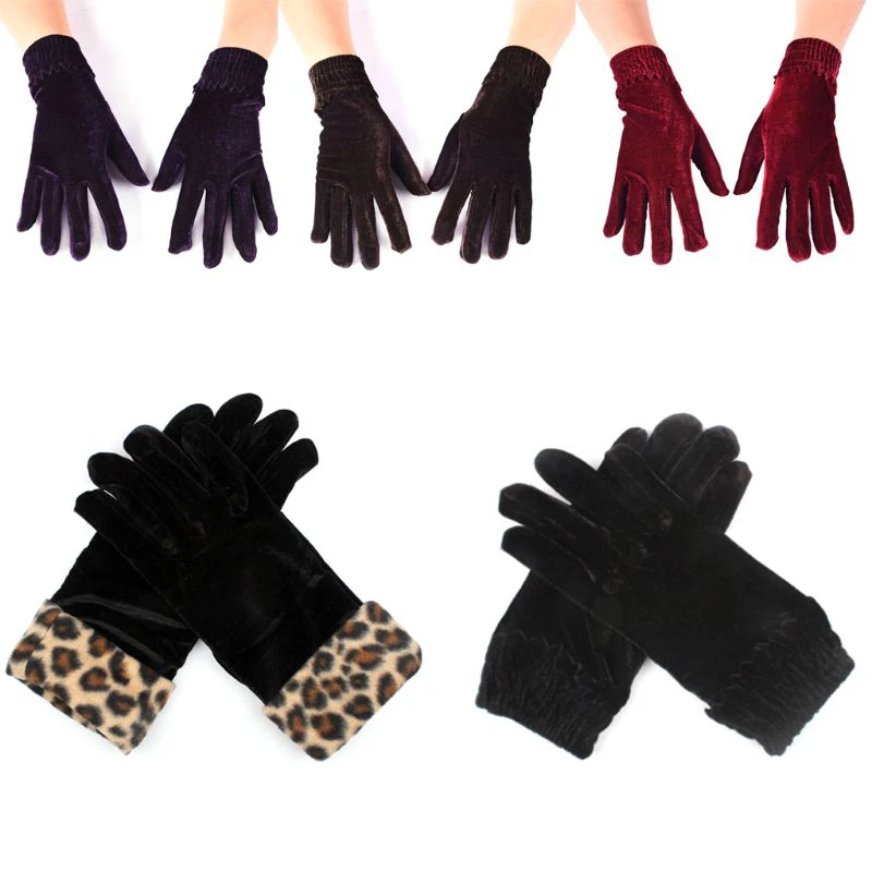 Модные Элегантные Бархатные перчатки, зимние женские теплые мягкие теплые перчатки на весь палец, женские перчатки для сенсорного экрана, однотонные/леопардовые варежки