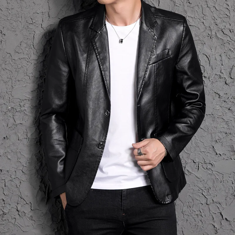 2019 Autumn Black Blue Yellow Red Leather Blazer Men Slim Fit Korean Fashion Mens Dress Jacket Hombre Faux Leather Jackets Coats 2019 Autumn Black Blue Yellow Red Leather Blazer Men Slim Fit Korean Fashion Mens Dress Jacket Hombre Faux Leather Jackets Coats