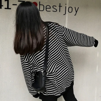

Fashion Autumn Winter Women Thin Section Loose Lazy Wind Stripes Long Sleeve Pullover Tops