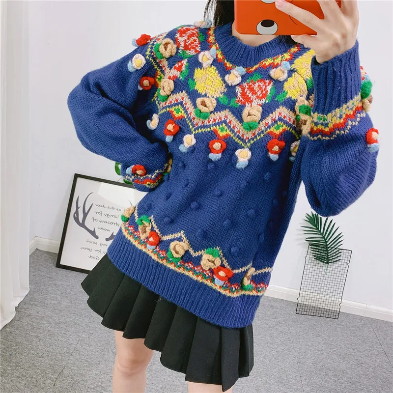 

Sweater women autumn winter retro handmade three-dimensional flower ball childlike colorful pullover wool personality sweater