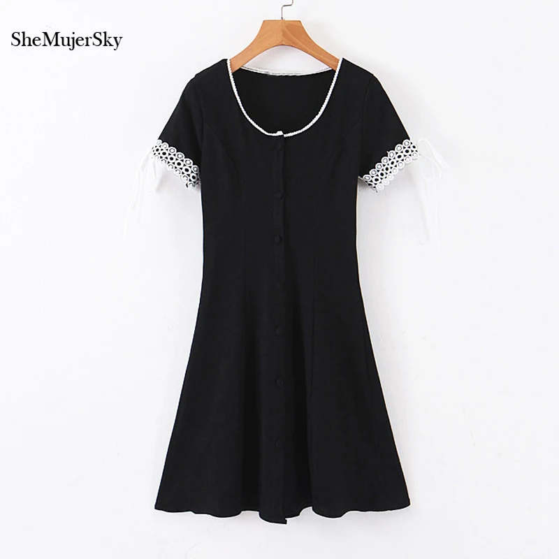 

SheMujerSky Summer Women Knitted Black Dress Black O-neck Lace Short Sleeve Dresses 2019 Short Dress bodycon