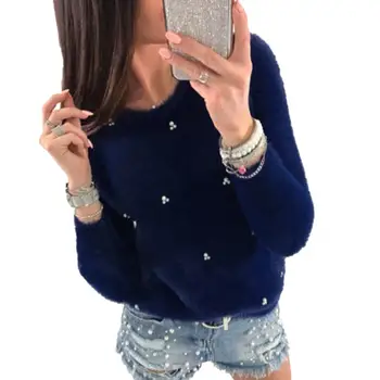 

Hot Winter Women Fashion Faux Pearl Beading Solid Color Plush Long Sleeve Pullover Solid Color Warm Polyester Spandex pullover
