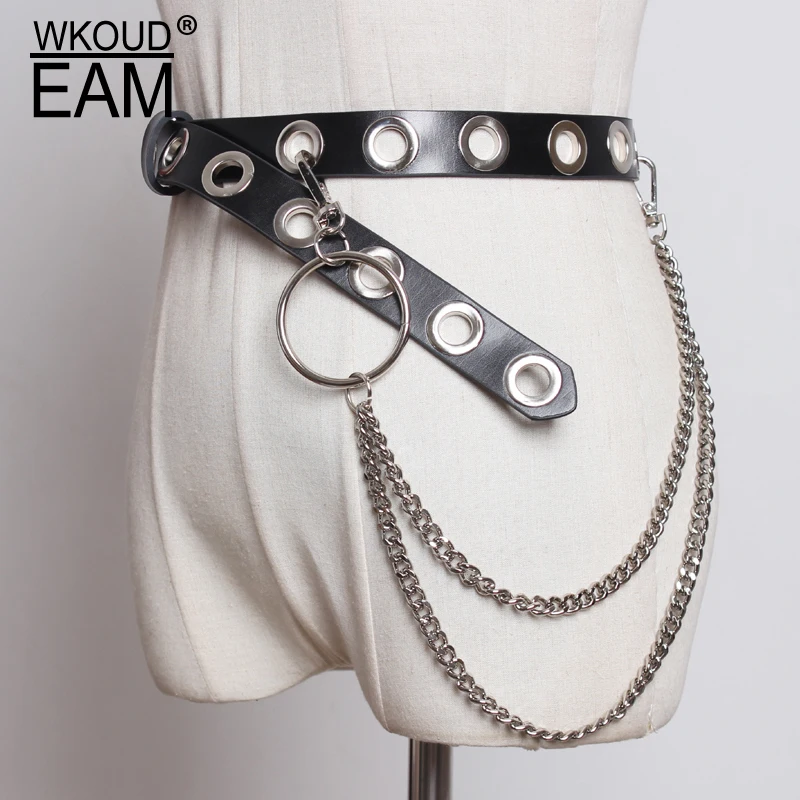 

WKOUD EAM 2020 New Spring Summer Pu Leather Hollow Out Chain Split Buckle Personality Long Belt Women Fashion All-match JU01