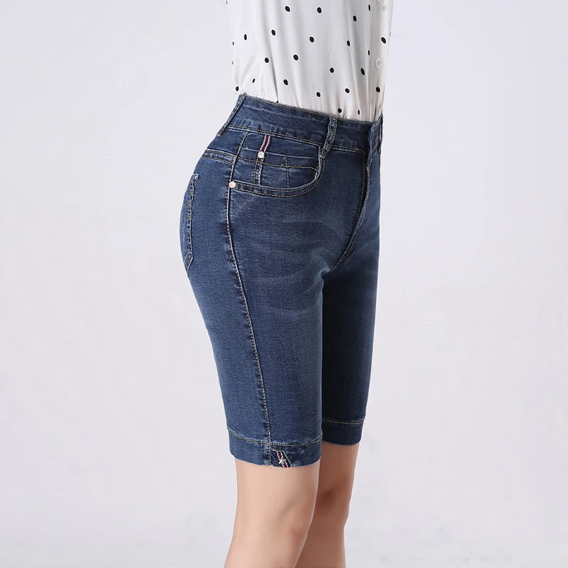 Женские джинсовые шорты до колен пикантные байкерские с высокой эластичной
