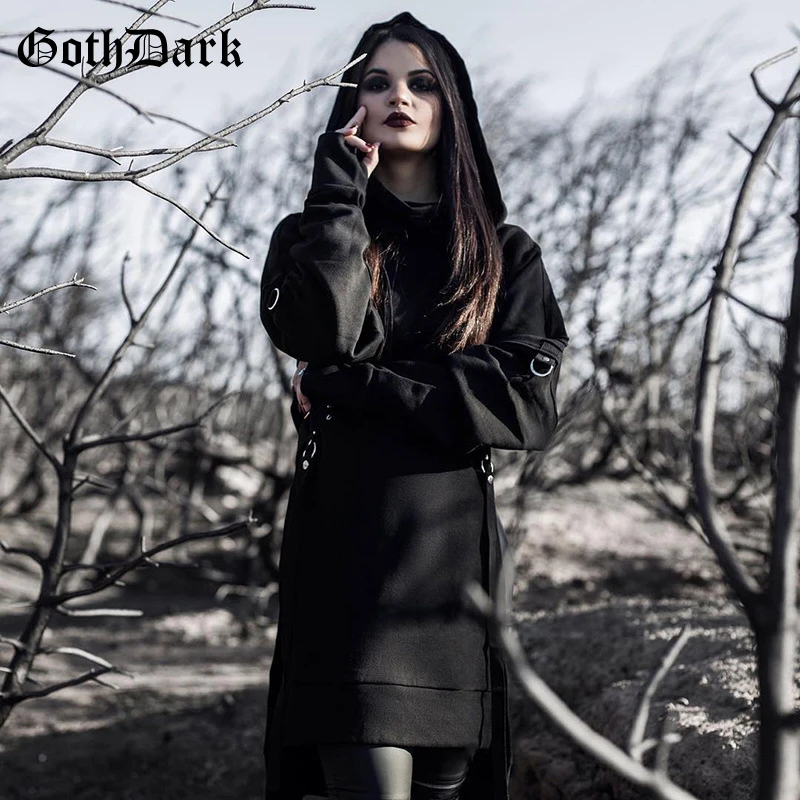 Готический темно-черный однотонный винтажный гранж свитшот в готическом стиле Харадзюку с длинными рукавами, осень, толстовки с асимметричным вырезом