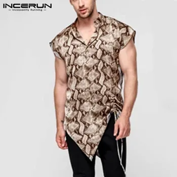 

INCERUN Fashion Men Irregular Shirt Sleeveless V Neck 2020 Leopard Print Casual Drawstring Streetwear Shirts Breathable Camisa