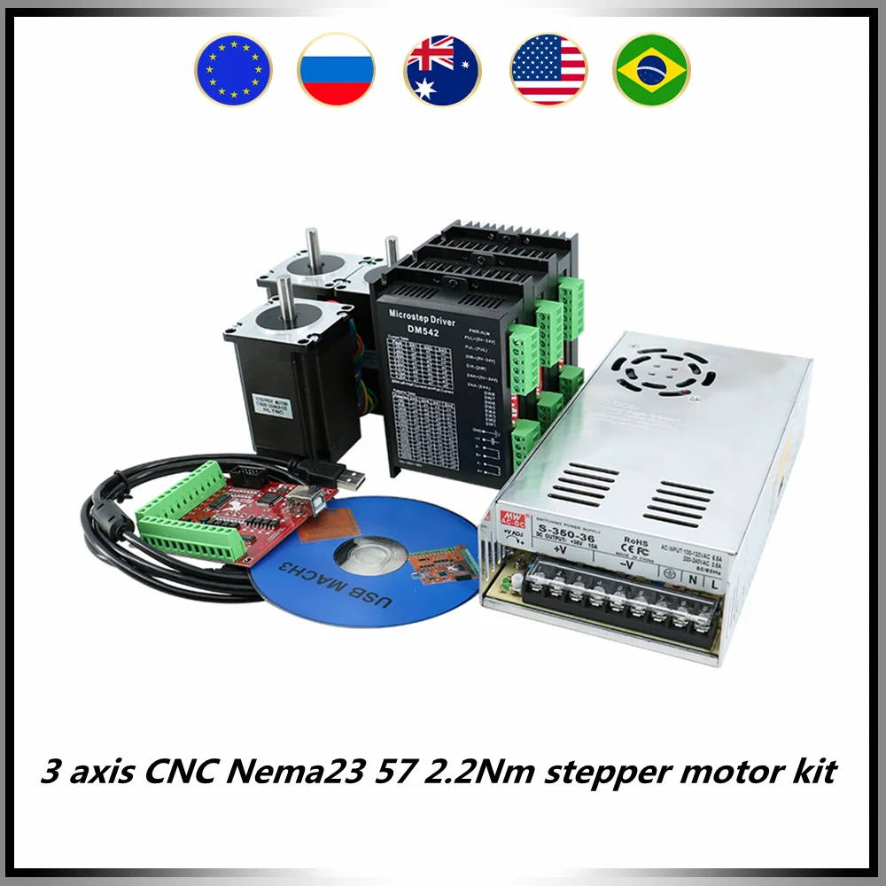 

3 axis CNC Nema23 57 stepper motor kit include 3 pcs 2.2Nm 3A motor +3 pcs drivers + 1 pcs 350w36v power supply + MACH3 card