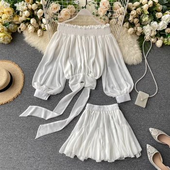 

2020 New Fashion Two-piece Lantern Sleeves Word Shoulder Shirt Short Sexy Skirt Black White Woman Summer Clothes