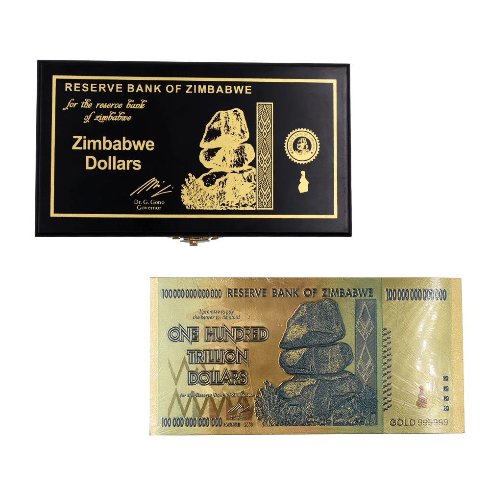 

100 Trillion Dollars Zimbabwe Gold Banknotes Fake Money Bills 24k Gold Foil Banknote with Box for Christmas Gifts 50pcs/lot