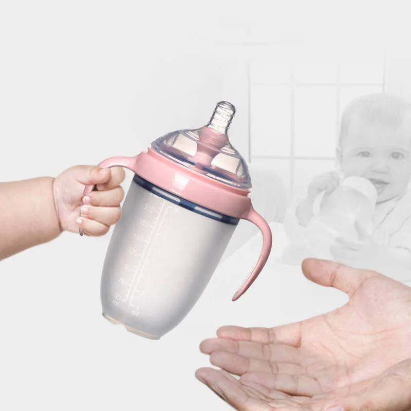 Новая полная силиконовая бутылка анти-плоское с ручкой мультфильм стерео форма широкий рот моделирование груди Молока бутылка