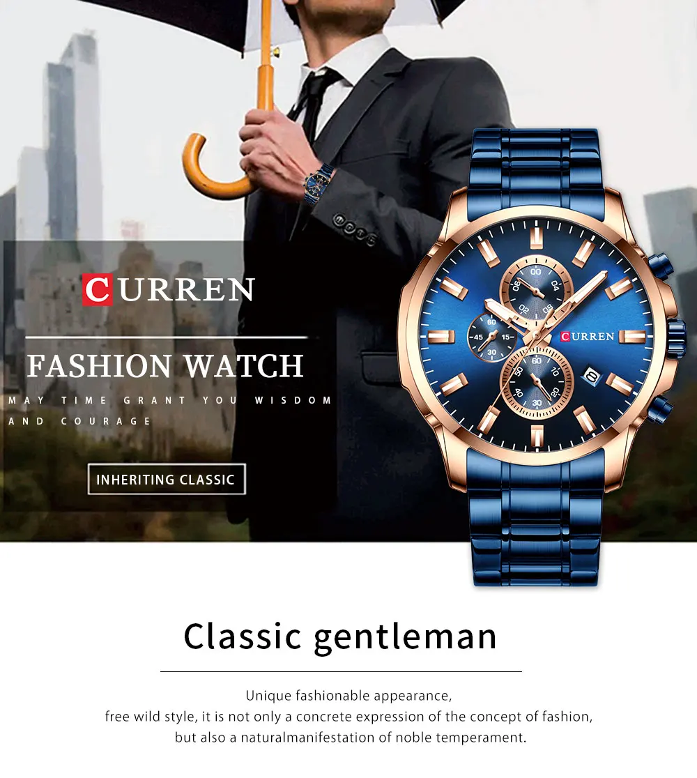 CURREN Chronograph Mens Watches Top Brand Luxury Business Watch Men Clock Relogio Masculino Waterproof Quartz Blue Wristwatch