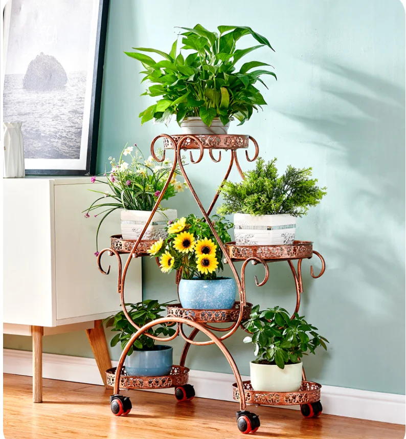 

Flower shelf racks wrought iron multi-layer wheeled floor-standing green flower pot stand living room balcony heart-shaped flowe