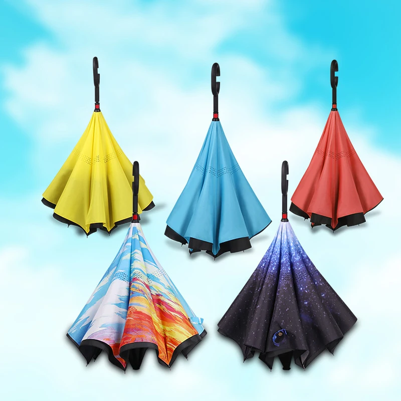 

C Handle Windproof Reverse Folding Umbrella Man Women Sun Rain Car Inverted Umbrellas Double Layer Anti UV Self Stand Parapluie