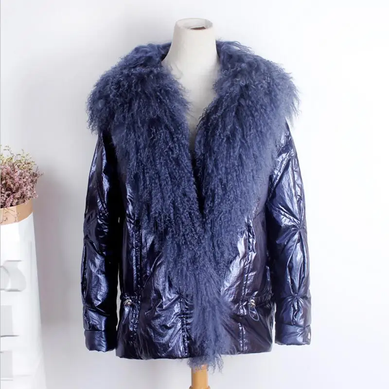 Blue Большой воротник из натурального меха зимняя куртка женские хлопковые пальто короткие свободные парки верхняя одежда Водонепроницаемые блестящие куртки - Цвет: Blue