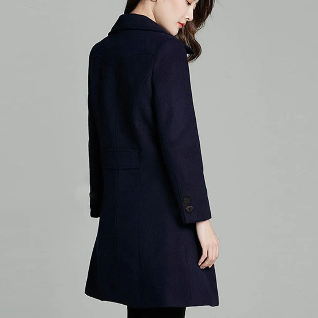 Женское темно-синее облегающее шерстяное пальто теплое зимнее длинное пальто для женщин OL стиль средней длины пальто s плотное шерстяное хлопковое пальто#107g30