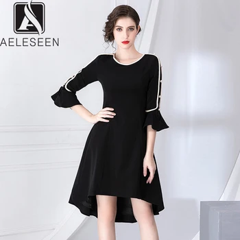 

AELESEEN European Office Lady A-Line Dresses Women Elegant Flare Sleeve Luxury Pearls Black Albicocca Two Colors Midi Dress