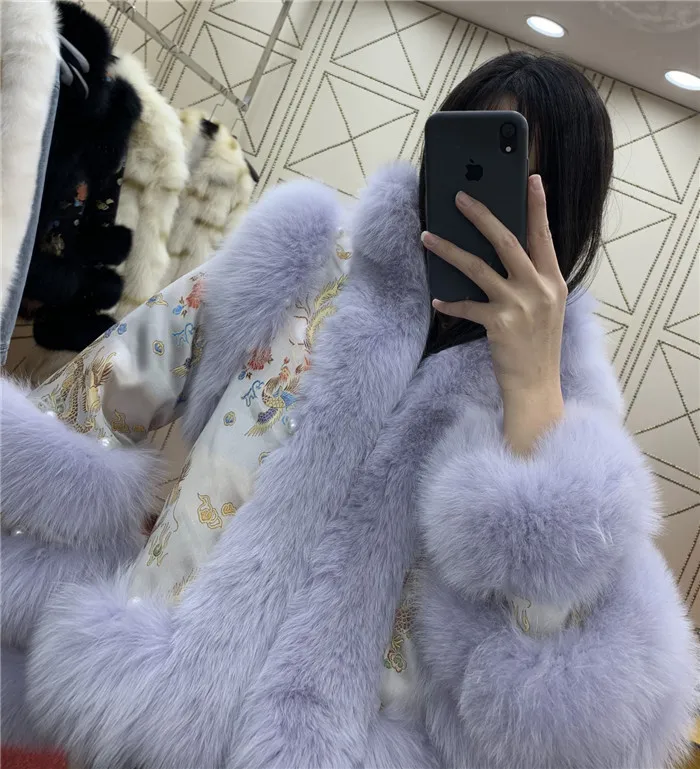 light purple 2 Ручная работа жемчуг натуральный Лисий Мех вышивка атласное пальто для женщин натуральный мех куртка - Цвет: light purple 2