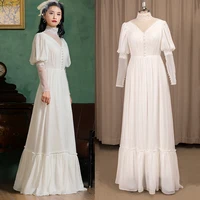 Victorian High Neck Chiffon A Line Bridal Gown Pearl Customized Long Lantern Sleeve Lace Plus Size Pleats Muslim Wedding Dress 1