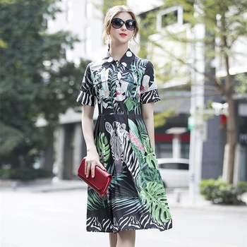 

Summer Runway Party Dress Women's Short Sleeve Turn Down Collar Animal Printed Casual Vocation Vestidos
