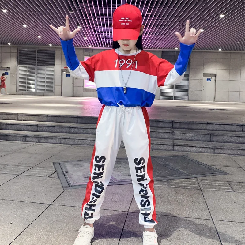 

child girls sports suits spring autumn long-sleeved top hip-hop dance sets 10 12 14 15 16 years