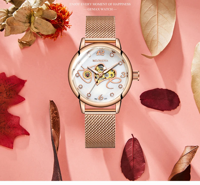 Montre Femme, розовое золото, женские сетчатые автоматические механические часы с ремешком из нержавеющей стали для женщин zegarek damski