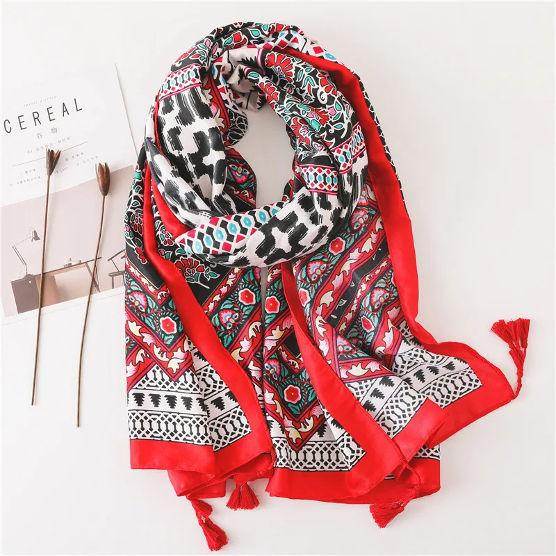 Национальный стиль, женский шарф, геометрический большой шарф, модная длинная шаль с кисточками, черный красный шарф-снуд на голову, хиджаб