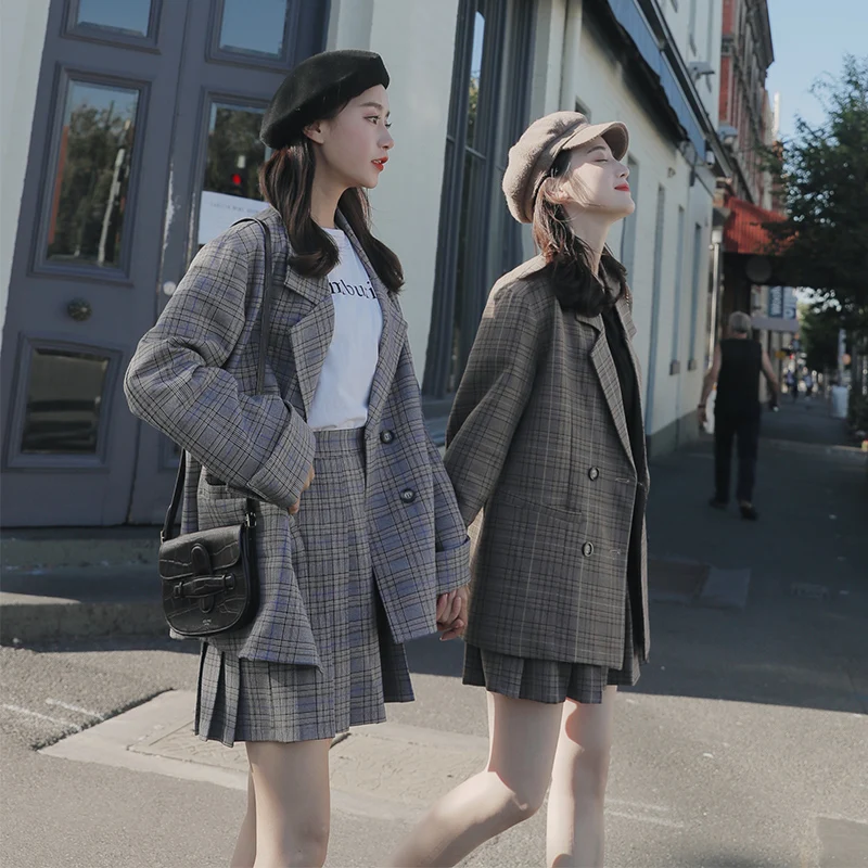 

[Good quality] 2020 autumn Korean plaid suit jacket college wind pleated skirt suit two-piece suit