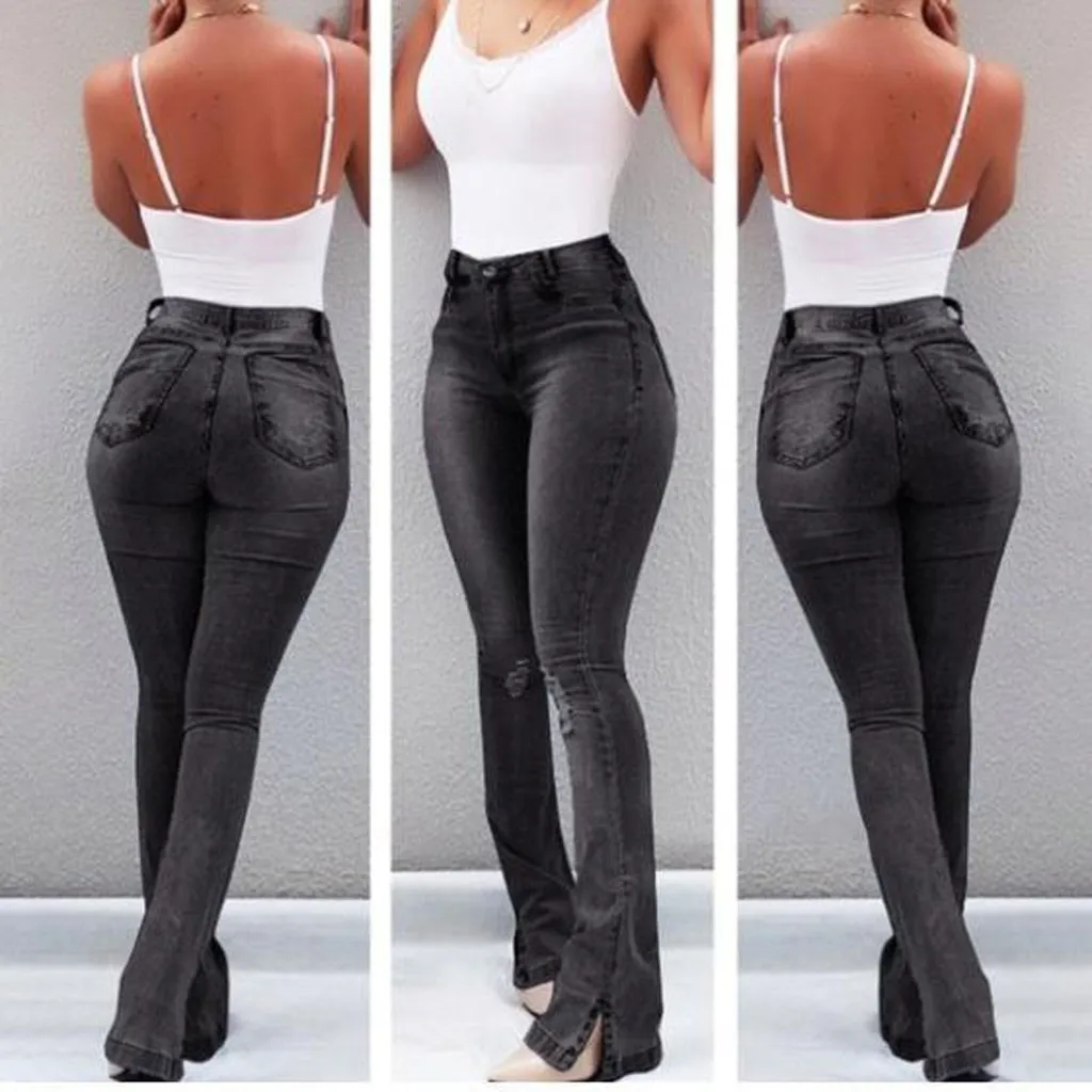 Women's Jeans Casual Slim Stretchy Denim Waist Jeans Oversized Long Flare Pants Light Blue Trousers For Women Plus Size#J30