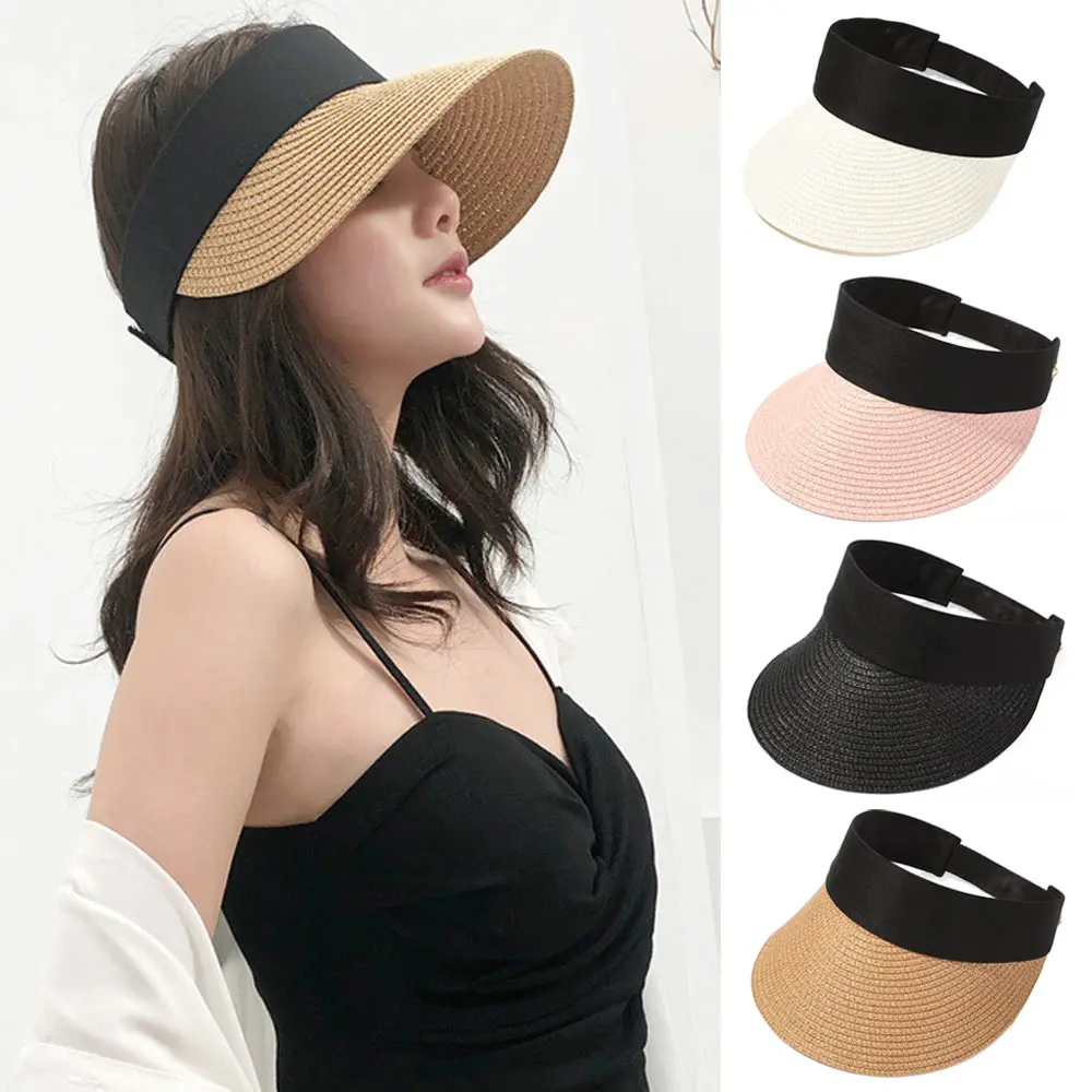 Wide Brim Straw Cap Women Portable Beach Sun Hat Roll-up Summer Casual Outdoor Sunscreen Visors Hat