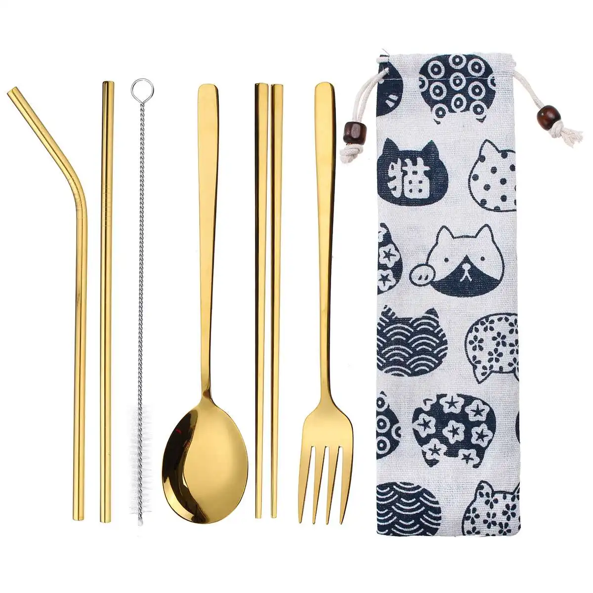 Gold cat Portable Travel Dinneware Set Stainless Steel Fork Scoop Chopsticks Reusable Straw Silverwar Set Rainbow Cutlery with Pouch - Color: Gold cat