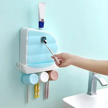 

Automatic Toothpaste Dispenser Dust-Proof Toothbrush Holder With Cups No Nail Wall Mount Stand Shelf Bathroom Organizer Set