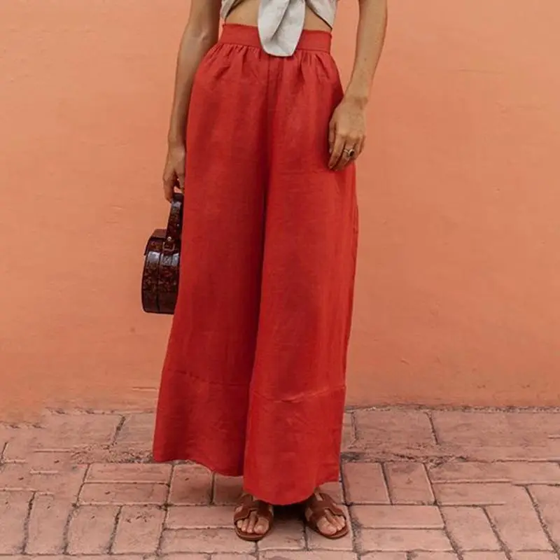 Брюки для женщин осенние модные повседневные оранжевые с высокой талией льняные