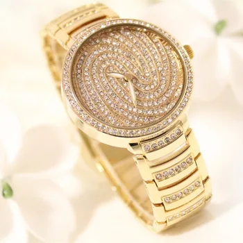 

Gift Gold Watch Women Dress Watches Luxury Brand New Geneva Ladies Quartz Rhinestone Water Resistant Clock Relogio Feminino