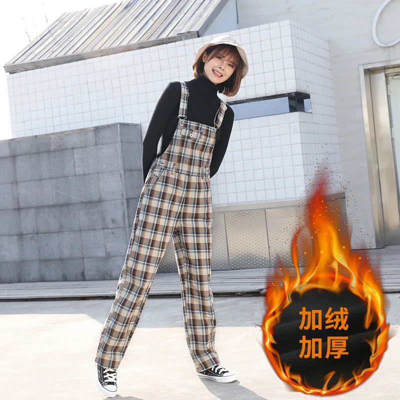 

Winter new short add velvet and thick plaid suspenders straight leg slim jumpsuit for women
