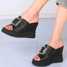 

Increasing Height Sandals Women's Genuine Leather Platform Wedge Slippers Buckle Open Toe High Heels Slides Party Pumps Summer