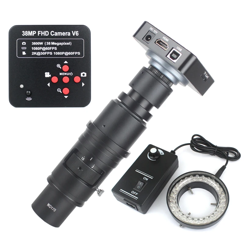 1080P 38Mp Hdmi Usb Industrial Lab Videocamera Digitale Per Microscopio 120X 180X 130X C Mount Lens 56 Led Ring Lightb Repair