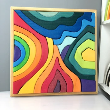 

Hot sale Preschool Rainbow Blocks Wooden Toys For Kids Geometric Building Blocks Volcano/House Educational Gift colorful wood