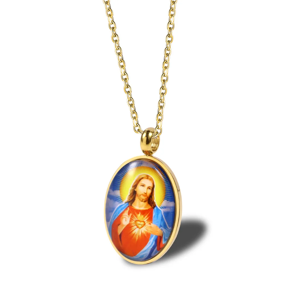 

Christianity Believers Holy Gift Titanium Steel Accessories Jesus Avatar Stainless Steel Ellipse Necklace Men And Women Pendant