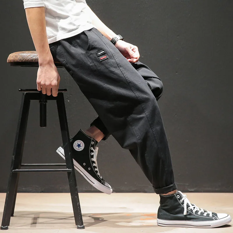 as picture Черный бренд моды оверсайз Streetwear уличная Мужская брюки Харадзюку с свободным досугом стежка эластичность Сращивание прямой крой брюки - Цвет: as picture