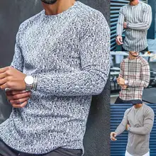 Long Sleeve Slim Top Cotton Blend Men Stripe Plaid Print Pullover for Autumn Men Clothing