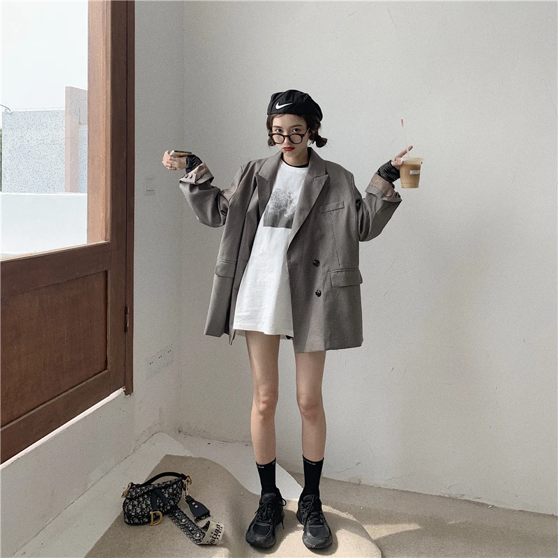 Корейский стиль, женские негабаритные блейзеры, винтажный клетчатый пиджак и куртки, Femme casual Chaqueta Mujer Blazer Feminino