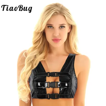 

TiaoBug Fashion Punk Style Wetlook PU Leather Sleeveless Front Buckles Backless Women Exotic Latex Sexy Crop Tops Party Clubwear