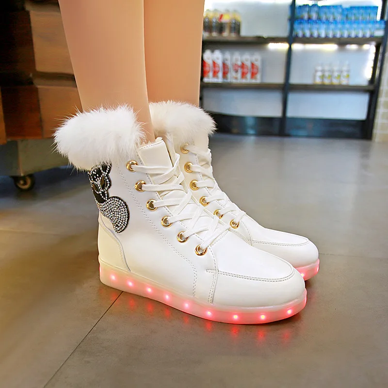 

Women Led Luminous Boot Shoes Fashion Rabbit Fur Winter Boots Light Up Casual USB Charge Pop Simulation Sole Women Sneakers