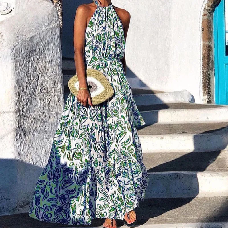 Женское длинное платье в стиле бохо Элегантное летнее макси без рукавов с лямкой