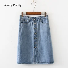 Merry Pretty женские синие джинсовые юбки с карманами осенние однобортные Мини прямые юбки бодикон Базовая джинсовая юбка